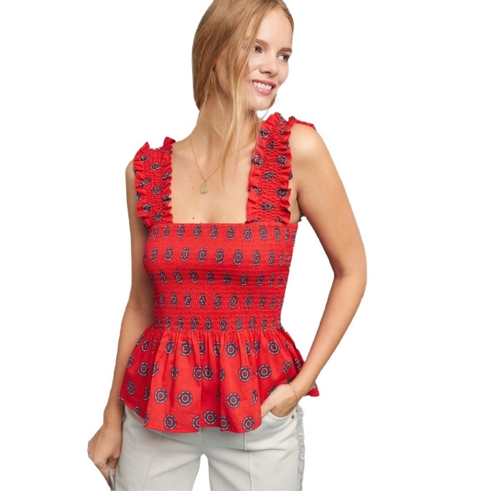 Maeve by Anthropologie “Avila Peplum Top” smocked tank top blouse in bright red! - Picture 1 of 7